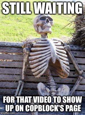 Waiting Skeleton | STILL WAITING; FOR THAT VIDEO TO SHOW UP ON COPBLOCK'S PAGE | image tagged in memes,waiting skeleton | made w/ Imgflip meme maker