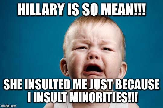 BABY CRYING | HILLARY IS SO MEAN!!! SHE INSULTED ME JUST BECAUSE I INSULT MINORITIES!!! | image tagged in baby crying | made w/ Imgflip meme maker