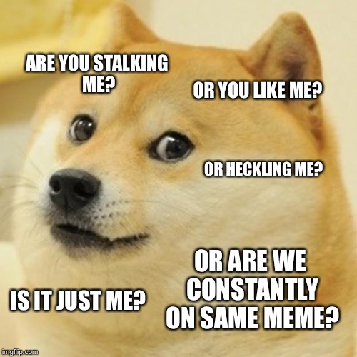 Doge Meme | ARE YOU STALKING ME? OR YOU LIKE ME? OR HECKLING ME? IS IT JUST ME? OR ARE WE CONSTANTLY ON SAME MEME? | image tagged in memes,doge | made w/ Imgflip meme maker