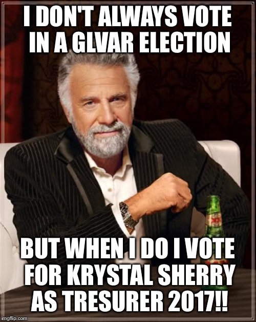 The Most Interesting Man In The World | I DON'T ALWAYS VOTE IN A GLVAR ELECTION; BUT WHEN I DO I VOTE FOR KRYSTAL SHERRY AS TRESURER 2017!! | image tagged in memes,the most interesting man in the world | made w/ Imgflip meme maker