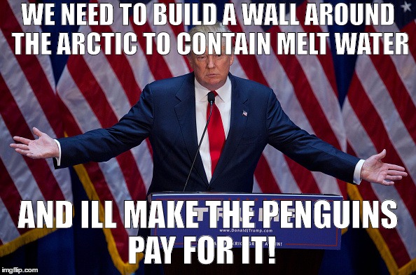 Donald Trump | WE NEED TO BUILD A WALL AROUND THE ARCTIC TO CONTAIN MELT WATER; AND ILL MAKE THE PENGUINS PAY FOR IT! | image tagged in donald trump | made w/ Imgflip meme maker