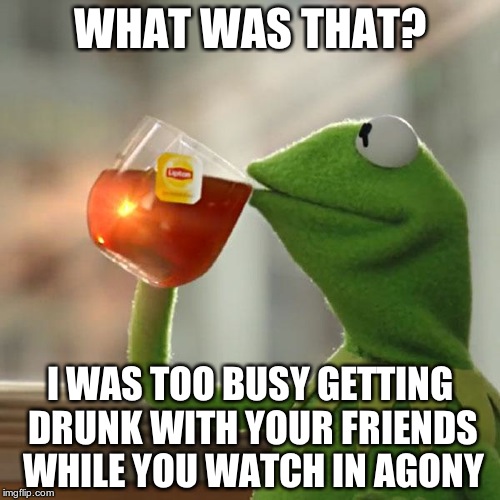 But That's None Of My Business Meme | WHAT WAS THAT? I WAS TOO BUSY GETTING DRUNK WITH YOUR FRIENDS WHILE YOU WATCH IN AGONY | image tagged in memes,but thats none of my business,kermit the frog | made w/ Imgflip meme maker