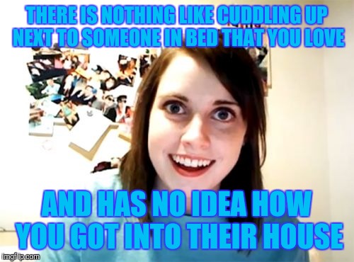 Overly Attached Girlfriend | THERE IS NOTHING LIKE CUDDLING UP NEXT TO SOMEONE IN BED THAT YOU LOVE; AND HAS NO IDEA HOW YOU GOT INTO THEIR HOUSE | image tagged in memes,overly attached girlfriend | made w/ Imgflip meme maker