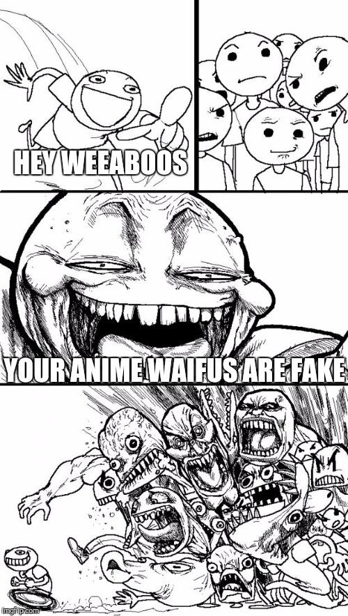 Hey Internet | HEY WEEABOOS; YOUR ANIME WAIFUS ARE FAKE | image tagged in memes,hey internet | made w/ Imgflip meme maker