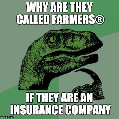 Philosoraptor | WHY ARE THEY CALLED FARMERS®; IF THEY ARE AN INSURANCE COMPANY | image tagged in memes,philosoraptor | made w/ Imgflip meme maker