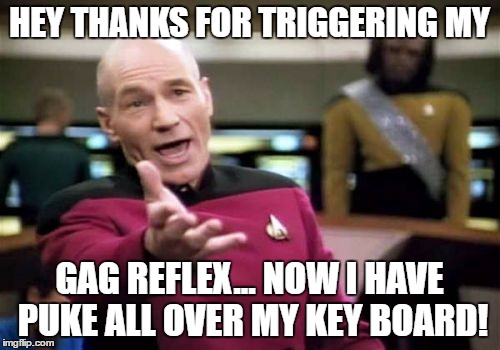 Picard Wtf Meme | HEY THANKS FOR TRIGGERING MY GAG REFLEX... NOW I HAVE PUKE ALL OVER MY KEY BOARD! | image tagged in memes,picard wtf | made w/ Imgflip meme maker