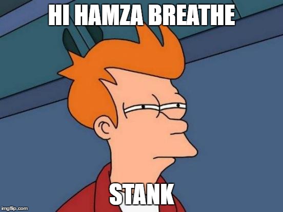 Futurama Fry Meme | HI HAMZA BREATHE; STANK | image tagged in memes,futurama fry | made w/ Imgflip meme maker