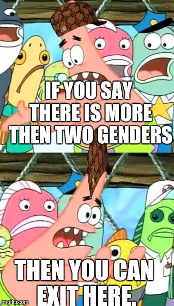 Put It Somewhere Else Patrick | IF YOU SAY THERE IS MORE THEN TWO GENDERS; THEN YOU CAN EXIT HERE. | image tagged in memes,put it somewhere else patrick,scumbag | made w/ Imgflip meme maker