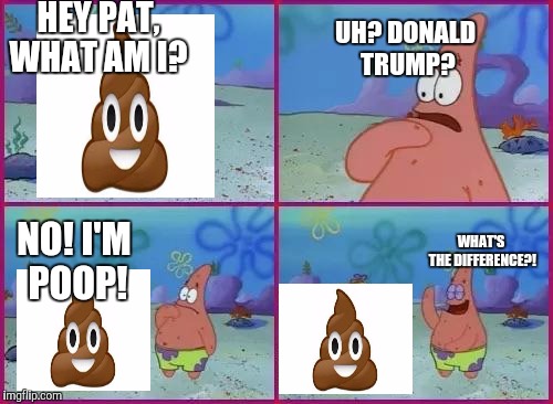 Texas Spongebob | HEY PAT, WHAT AM I? UH? DONALD TRUMP? NO! I'M POOP! WHAT'S THE DIFFERENCE?! | image tagged in texas spongebob | made w/ Imgflip meme maker