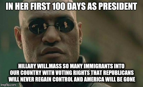 Matrix Morpheus | IN HER FIRST 100 DAYS AS PRESIDENT; HILLARY WILL.MASS SO MANY IMMIGRANTS INTO OUR COUNTRY WITH VOTING RIGHTS THAT REPUBLICANS WILL NEVER REGAIN CONTROL AND AMERICA WILL BE GONE | image tagged in memes,matrix morpheus | made w/ Imgflip meme maker