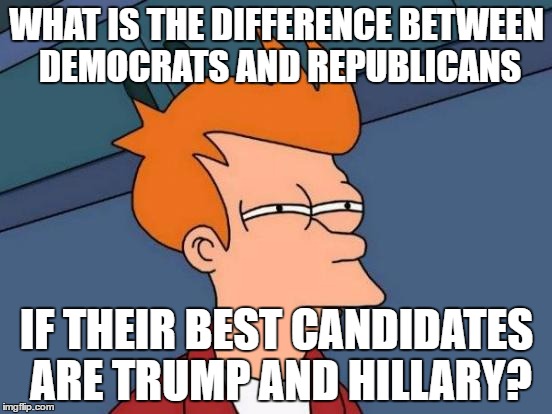 Politics Confusion | WHAT IS THE DIFFERENCE BETWEEN DEMOCRATS AND REPUBLICANS; IF THEIR BEST CANDIDATES ARE TRUMP AND HILLARY? | image tagged in memes,futurama fry | made w/ Imgflip meme maker