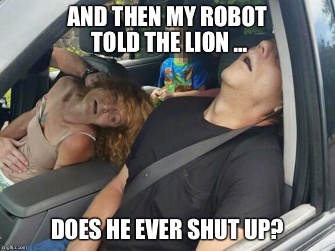 The story | AND THEN MY ROBOT TOLD THE LION ... DOES HE EVER SHUT UP? | image tagged in overdose family,robot | made w/ Imgflip meme maker