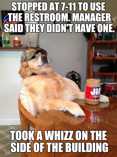 There should be a law requiring businesses that serve "fresh food" to have a public restroom | STOPPED AT 7-11 TO USE THE RESTROOM. MANAGER SAID THEY DIDN'T HAVE ONE. TOOK A WHIZZ ON THE SIDE OF THE BUILDING | image tagged in redneck retriever,restroom,7-11 | made w/ Imgflip meme maker