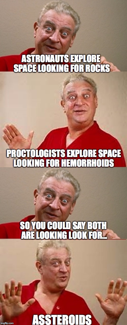 Rock Solid | ASTRONAUTS EXPLORE SPACE LOOKING FOR ROCKS; PROCTOLOGISTS EXPLORE SPACE LOOKING FOR HEMORRHOIDS; SO YOU COULD SAY BOTH ARE LOOKING LOOK FOR... ASSTEROIDS | image tagged in rodney,bad pun dangerfield | made w/ Imgflip meme maker