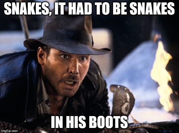 Indiana Jones - It Had To Be Snakes | SNAKES, IT HAD TO BE SNAKES IN HIS BOOTS | image tagged in indiana jones - it had to be snakes | made w/ Imgflip meme maker