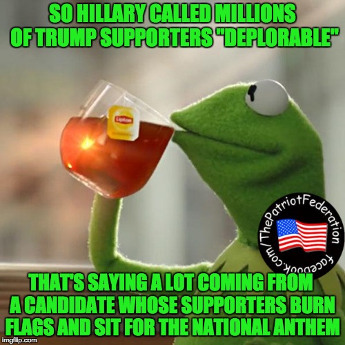 But That's None Of My Business | SO HILLARY CALLED MILLIONS OF TRUMP SUPPORTERS "DEPLORABLE"; THAT'S SAYING A LOT COMING FROM A CANDIDATE WHOSE SUPPORTERS BURN FLAGS AND SIT FOR THE NATIONAL ANTHEM | image tagged in memes,but thats none of my business,kermit the frog | made w/ Imgflip meme maker
