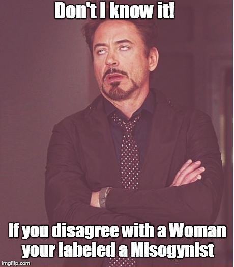 Face You Make Robert Downey Jr Meme | Don't I know it! If you disagree with a Woman your labeled a Misogynist | image tagged in memes,face you make robert downey jr | made w/ Imgflip meme maker