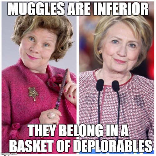 Delores Umbridge Harry Potter | MUGGLES ARE INFERIOR; THEY BELONG IN A 
BASKET OF DEPLORABLES | image tagged in delores umbridge harry potter | made w/ Imgflip meme maker