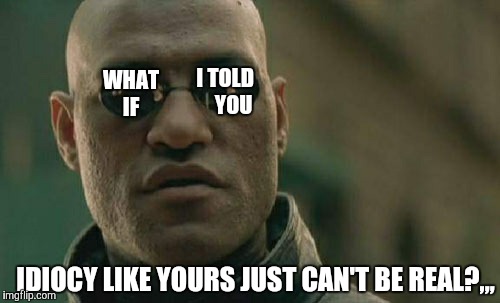 Matrix Morpheus | I TOLD      YOU; WHAT       IF; IDIOCY LIKE YOURS JUST CAN'T BE REAL?,,, | image tagged in memes,matrix morpheus | made w/ Imgflip meme maker
