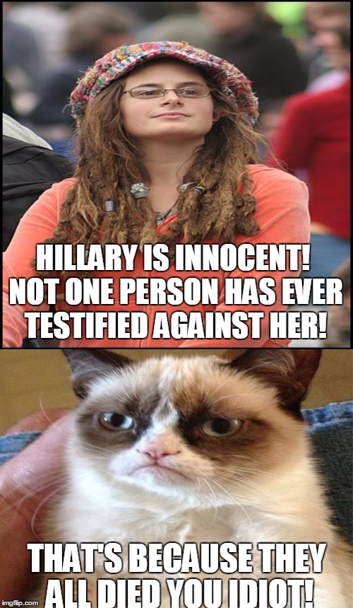 Hillary has put out more hits than google. | HILLARY IS INNOCENT! NOT ONE PERSON HAS EVER TESTIFIED AGAINST HER! THAT'S BECAUSE THEY ALL DIED YOU IDIOT! | image tagged in hillary clinton,grumpy cat,college liberal,criminal | made w/ Imgflip meme maker