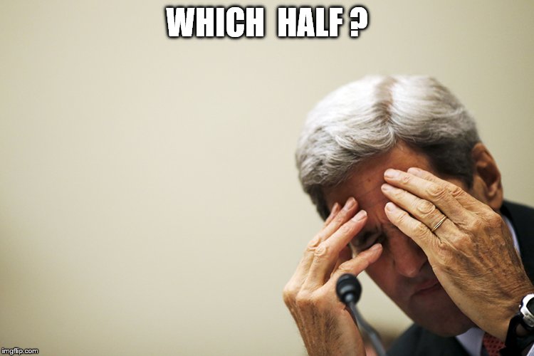 Kerry's headache | WHICH  HALF ? | image tagged in kerry's headache | made w/ Imgflip meme maker