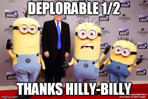 deplorable me | DEPLORABLE 1/2; THANKS HILLY-BILLY | image tagged in deplorable me | made w/ Imgflip meme maker