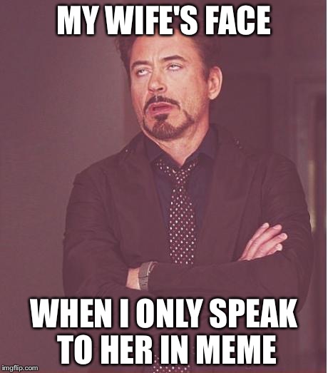 My meme obsession is becoming serious! | MY WIFE'S FACE; WHEN I ONLY SPEAK TO HER IN MEME | image tagged in memes,face you make robert downey jr,wife | made w/ Imgflip meme maker