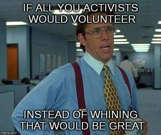 So go ahead and volunteer to bring me some wine | IF ALL YOU ACTIVISTS WOULD VOLUNTEER; INSTEAD OF WHINING THAT WOULD BE GREAT | image tagged in memes,that would be great | made w/ Imgflip meme maker