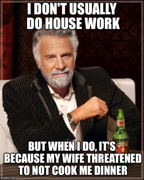 The Most Interesting Man In The World | I DON'T USUALLY DO HOUSE WORK; BUT WHEN I DO, IT'S BECAUSE MY WIFE THREATENED TO NOT COOK ME DINNER | image tagged in memes,the most interesting man in the world,housework,wife,funny,funny meme | made w/ Imgflip meme maker