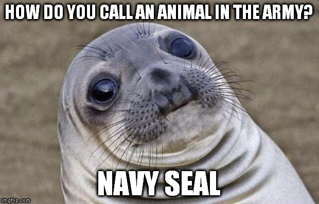(Navy) Seal(ion). | HOW DO YOU CALL AN ANIMAL IN THE ARMY? NAVY SEAL | image tagged in memes,awkward moment sealion,navy seals,army,seal,navy | made w/ Imgflip meme maker