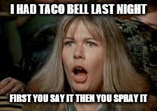 I HAD TACO BELL LAST NIGHT FIRST YOU SAY IT THEN YOU SPRAY IT | made w/ Imgflip meme maker