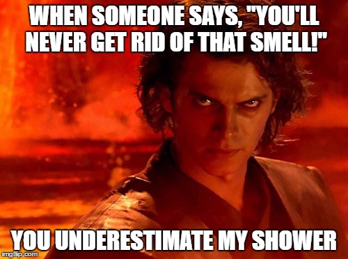 You Underestimate My Power | WHEN SOMEONE SAYS, "YOU'LL NEVER GET RID OF THAT SMELL!"; YOU UNDERESTIMATE MY SHOWER | image tagged in memes,you underestimate my power | made w/ Imgflip meme maker