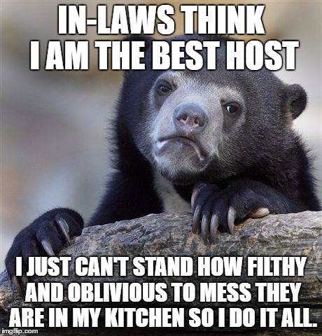 Confession Bear | IN-LAWS THINK I AM THE BEST HOST; I JUST CAN'T STAND HOW FILTHY AND OBLIVIOUS TO MESS THEY ARE IN MY KITCHEN SO I DO IT ALL. | image tagged in memes,confession bear,AdviceAnimals | made w/ Imgflip meme maker