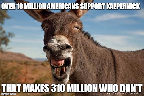 REAL JACKASSES KNOW BETTER, HUMAN INTERNET JACKASSES DON'T |  OVER 10 MILLION AMERICANS SUPPORT KAEPERNICK; THAT MAKES 310 MILLION WHO DON'T | image tagged in donkey jackass braying,internet realization | made w/ Imgflip meme maker