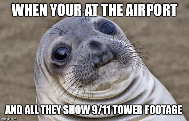 Awkward Moment Sealion Meme | WHEN YOUR AT THE AIRPORT; AND ALL THEY SHOW 9/11 TOWER FOOTAGE | image tagged in memes,awkward moment sealion,AdviceAnimals | made w/ Imgflip meme maker