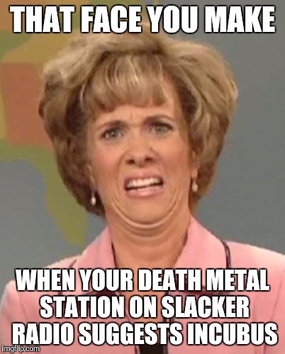 That face you make when ugh!  | THAT FACE YOU MAKE; WHEN YOUR DEATH METAL STATION ON SLACKER RADIO SUGGESTS INCUBUS | image tagged in that face you make when ugh,metal | made w/ Imgflip meme maker