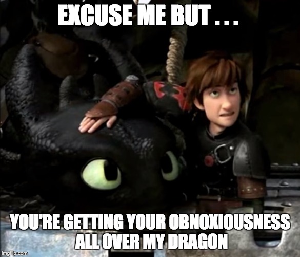 EXCUSE ME BUT . . . YOU'RE GETTING YOUR OBNOXIOUSNESS ALL OVER MY DRAGON | image tagged in toothless,how to train your dragon | made w/ Imgflip meme maker