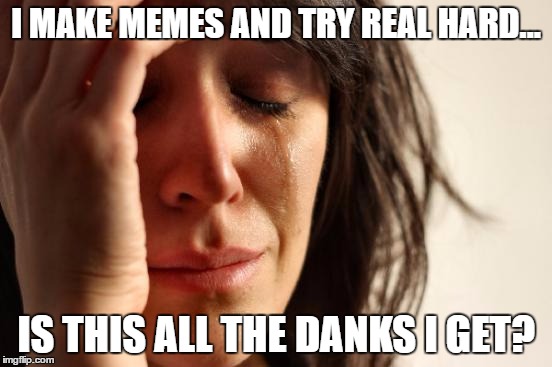 First World Problems Meme | I MAKE MEMES AND TRY REAL HARD... IS THIS ALL THE DANKS I GET? | image tagged in memes,first world problems | made w/ Imgflip meme maker