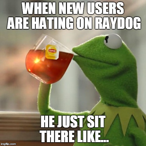 But That's None Of My Business Meme | WHEN NEW USERS ARE HATING ON RAYDOG; HE JUST SIT THERE LIKE... | image tagged in memes,but thats none of my business,kermit the frog | made w/ Imgflip meme maker