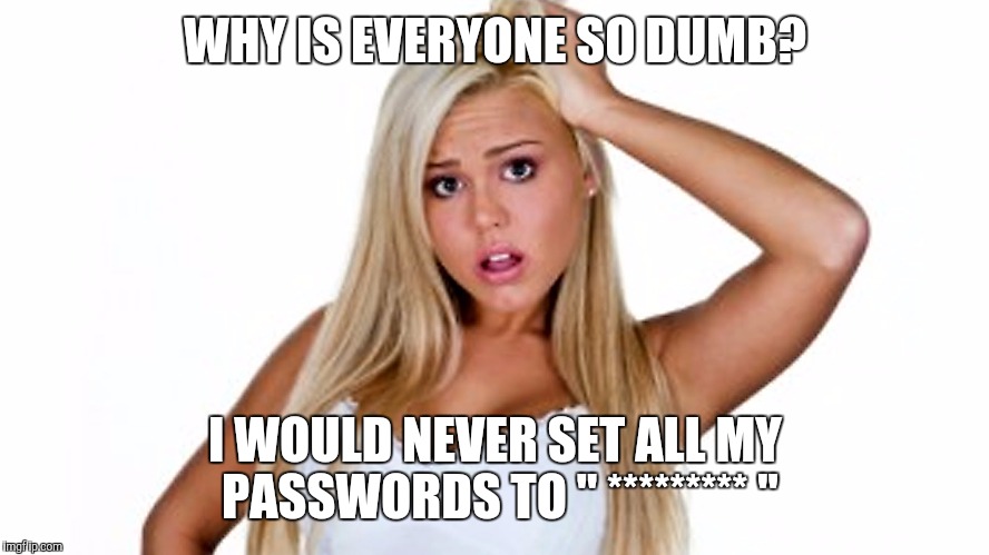 Dumbblonde | WHY IS EVERYONE SO DUMB? I WOULD NEVER SET ALL MY PASSWORDS TO " ********* " | image tagged in dumbblonde | made w/ Imgflip meme maker