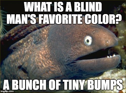 Bad Joke Eel Meme | WHAT IS A BLIND MAN'S FAVORITE COLOR? A BUNCH OF TINY BUMPS | image tagged in memes,bad joke eel | made w/ Imgflip meme maker