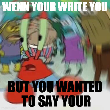 There is always someone out there that does this. | WENN YOUR WRITE YOU; BUT YOU WANTED TO SAY YOUR | image tagged in funny,mr krabs,memes | made w/ Imgflip meme maker