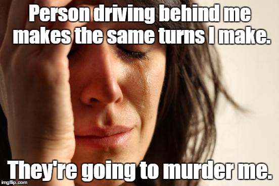 First World Problems | Person driving behind me makes the same turns I make. They're going to murder me. | image tagged in memes,first world problems | made w/ Imgflip meme maker