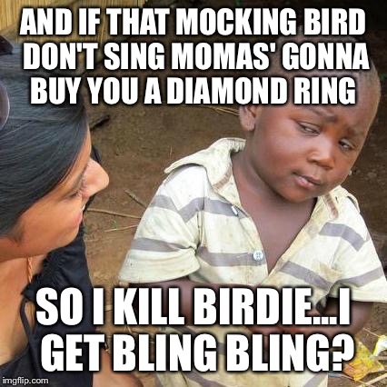 Third World Skeptical Kid Meme | AND IF THAT MOCKING BIRD DON'T SING MOMAS' GONNA BUY YOU A DIAMOND RING; SO I KILL BIRDIE...I GET BLING BLING? | image tagged in memes,third world skeptical kid | made w/ Imgflip meme maker