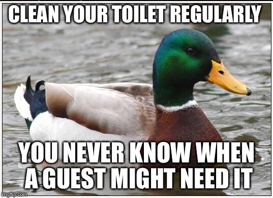 Actual Advice Mallard | CLEAN YOUR TOILET REGULARLY; YOU NEVER KNOW WHEN A GUEST MIGHT NEED IT | image tagged in memes,actual advice mallard,AdviceAnimals | made w/ Imgflip meme maker