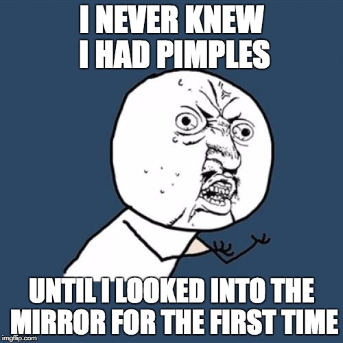 Y U No | I NEVER KNEW I HAD PIMPLES; UNTIL I LOOKED INTO THE MIRROR FOR THE FIRST TIME | image tagged in memes,y u no | made w/ Imgflip meme maker