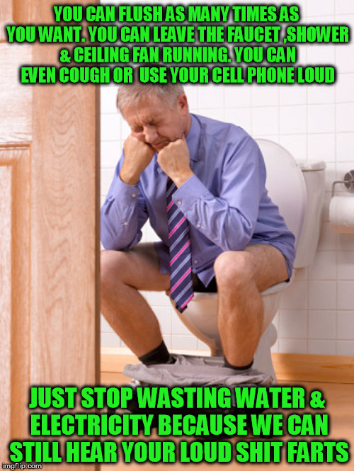 YOU CAN FLUSH AS MANY TIMES AS YOU WANT.
YOU CAN LEAVE THE FAUCET ,SHOWER & CEILING FAN RUNNING. YOU CAN EVEN COUGH OR  USE YOUR CELL PHONE LOUD; JUST STOP WASTING WATER & ELECTRICITY BECAUSE WE CAN STILL HEAR YOUR LOUD SHIT FARTS | image tagged in shart,shit,fart,farts,crap,toilet | made w/ Imgflip meme maker