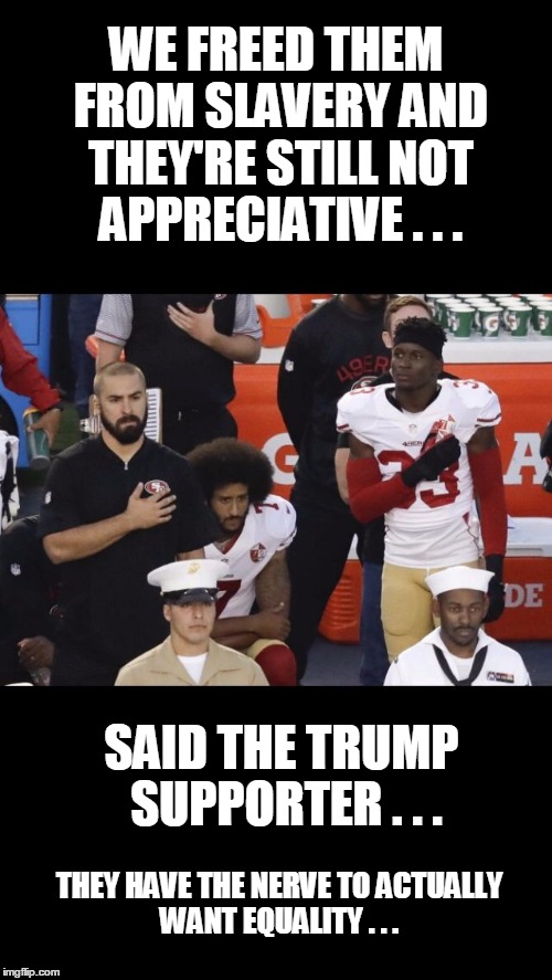 WE FREED THEM FROM SLAVERY AND THEY'RE STILL NOT APPRECIATIVE . . . SAID THE TRUMP SUPPORTER . . . THEY HAVE THE NERVE TO ACTUALLY WANT EQUALITY . . . | image tagged in kaepernicking | made w/ Imgflip meme maker