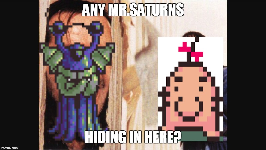 The Coging | ANY MR.SATURNS; HIDING IN HERE? | image tagged in heres johnny | made w/ Imgflip meme maker