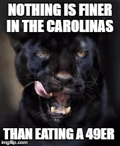 Hungry Panther | NOTHING IS FINER IN THE CAROLINAS; THAN EATING A 49ER | image tagged in hungry panther | made w/ Imgflip meme maker
